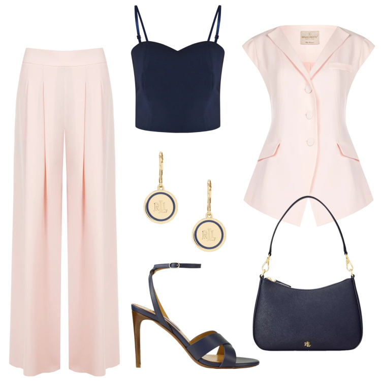 Outfit donna - La Rinascita di Lauren. Stile Chic per Cerimonia. Abbinamento con top, gilet, pantaloni a palazzo, sandali col tacco, borse a spalla, orecchini.
