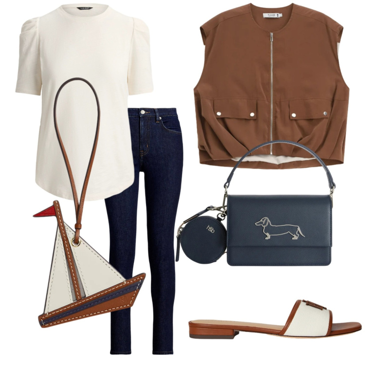 Outfit donna - Al Porto. Stile Trendy per Tutti i giorni. Abbinamento con borse a tracolla, gilet, jeans skinny, ciabatte, t-shirt, portachiavi.