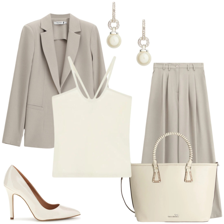 Outfit donna - Eleganza Formale in Grigio Perla. Stile Glamour per Cerimonia. Abbinamento con shopping bag, pantaloni a palazzo, blazer, canottiere, orecchini, décolleté.