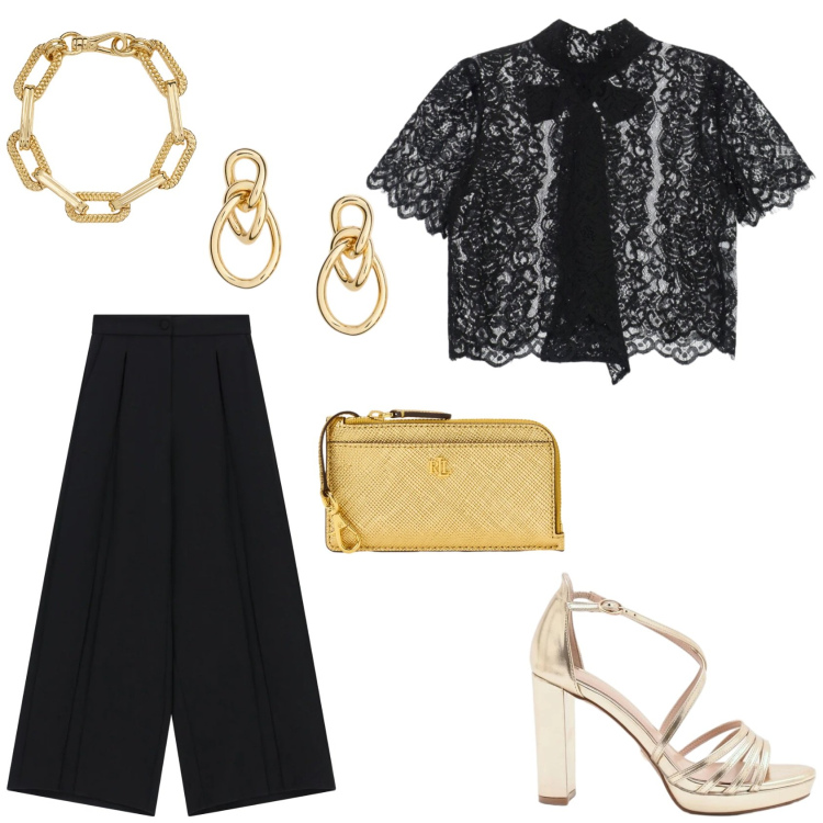 Outfit donna - Nero e Oro. Stile Glamour per Serata fuori. Abbinamento con pantaloni a palazzo, top, sandali col tacco, orecchini, braccialetti, portafogli.