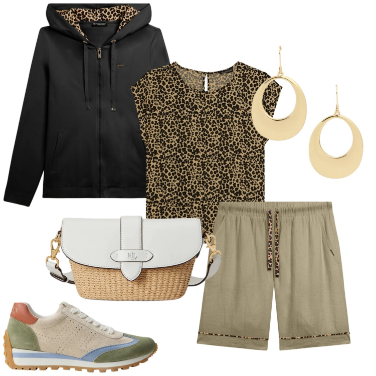 Outfit donna - Total look #2394661. Stile Sporty chic per Sport. Abbinamento con pantaloni corti, t-shirt, felpe con cappuccio, borse a spalla, orecchini, sneakers.