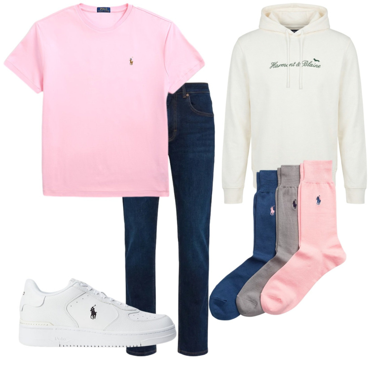 Outfit uomo - Total look #2394662. Stile Trendy per Tutti i giorni. Abbinamento con felpe con cappuccio, jeans, sneakers, t-shirt, calzini.