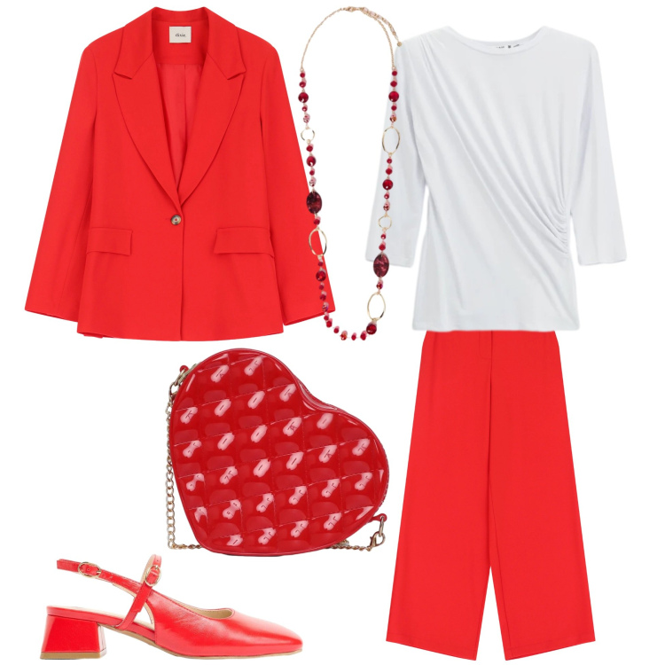 Outfit donna - Ad una laurea in rosso. Stile Chic per Cerimonia. Abbinamento con décolleté, borse a tracolla, top, blazer, pantaloni a palazzo, collane.