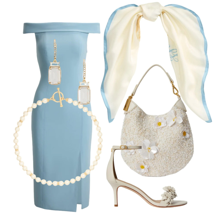 Outfit donna - Cielo di primavera. Stile Bon Ton per Cerimonia. Abbinamento con pochette, collane, orecchini, foulard, sandali in pelle, vestiti a tubino.