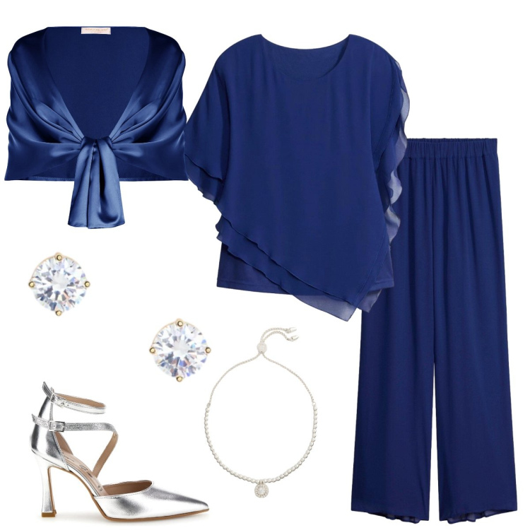 Outfit donna - Cerimonia in blu. Stile Chic per Cerimonia. Abbinamento con pantaloni, bluse, stole, orecchini, braccialetti, décolleté.