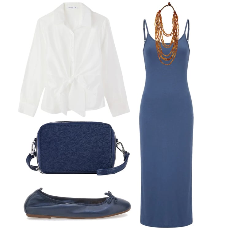 Outfit donna - Total look #2394666. Stile Trendy per Serata fuori. Abbinamento con borse a tracolla, camicie, vestiti lunghi, collane, ballerine.