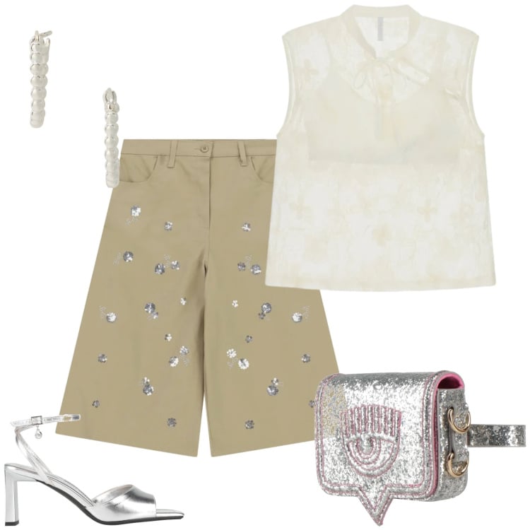 Outfit donna - Luminosità Argentata. Stile Casual chic per Tutti i giorni. Abbinamento con marsupi, sandali col tacco, bermuda, canottiere, orecchini.
