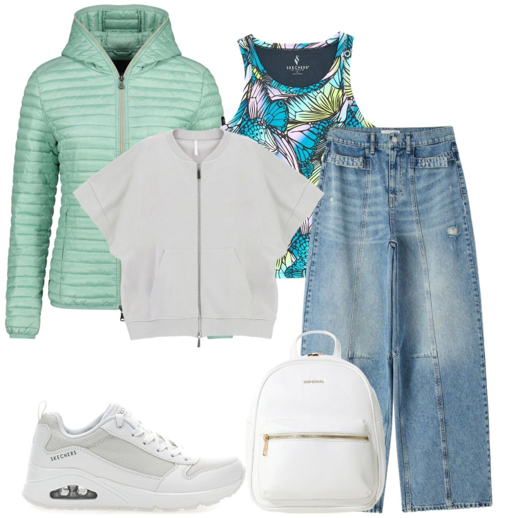 Outfit donna - Total look #2394668. Stile Casual per Tutti i giorni. Abbinamento con jeans, felpe, zaini, piumini, sneakers, canottiere.