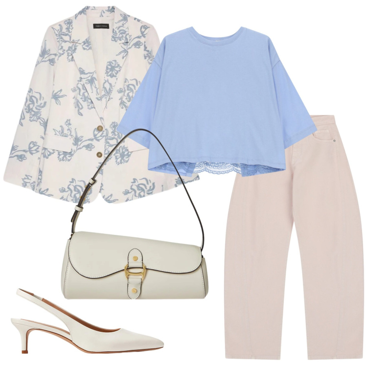 Outfit donna - La stagione delle cerimonia. Stile Chic per Cerimonia. Abbinamento con pantaloni a palazzo, top, blazer, décolleté, borse a spalla.