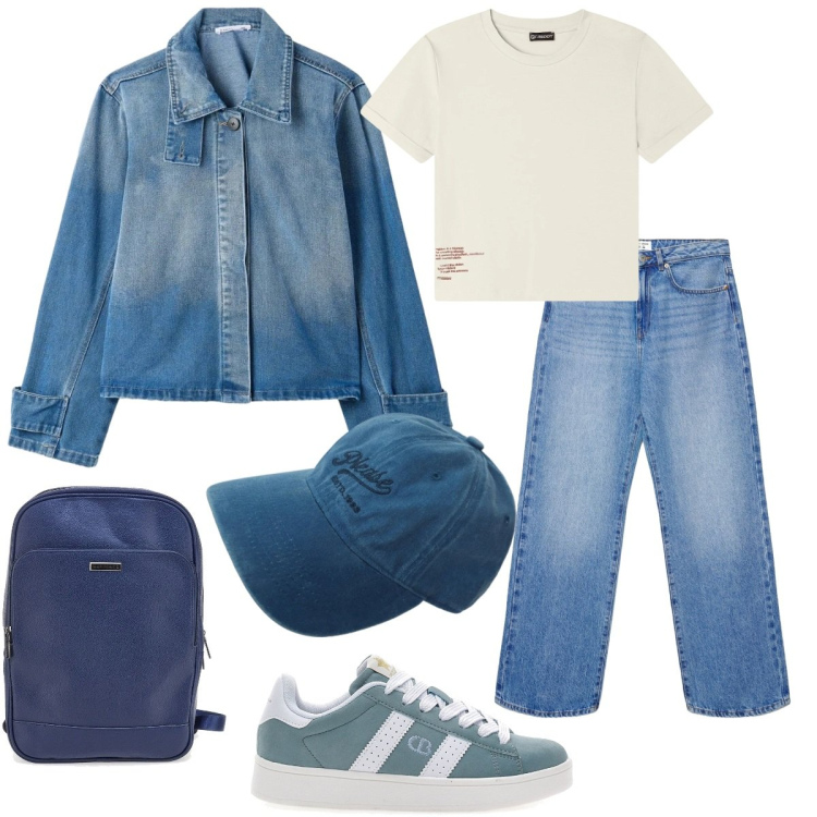 Outfit donna - Comfort denim. Stile Casual per Tutti i giorni. Abbinamento con jeans dritti, cappotti, cappelli, t-shirt, sneakers, zaini.