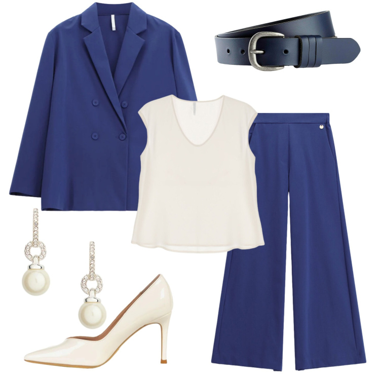 Outfit donna - In bianco e blu. Stile Chic per Cerimonia. Abbinamento con cinture, pantaloni a palazzo, canottiere, blazer, décolleté, orecchini.