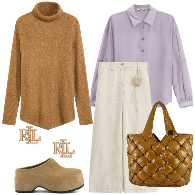 Outfit donna - Comodità Avvolgente e Toni Lavanda. Stile Casual chic per Tutti i giorni. Abbinamento con maglieria, camicie, pantaloni a palazzo, borse tote, orecchini, zoccoli.