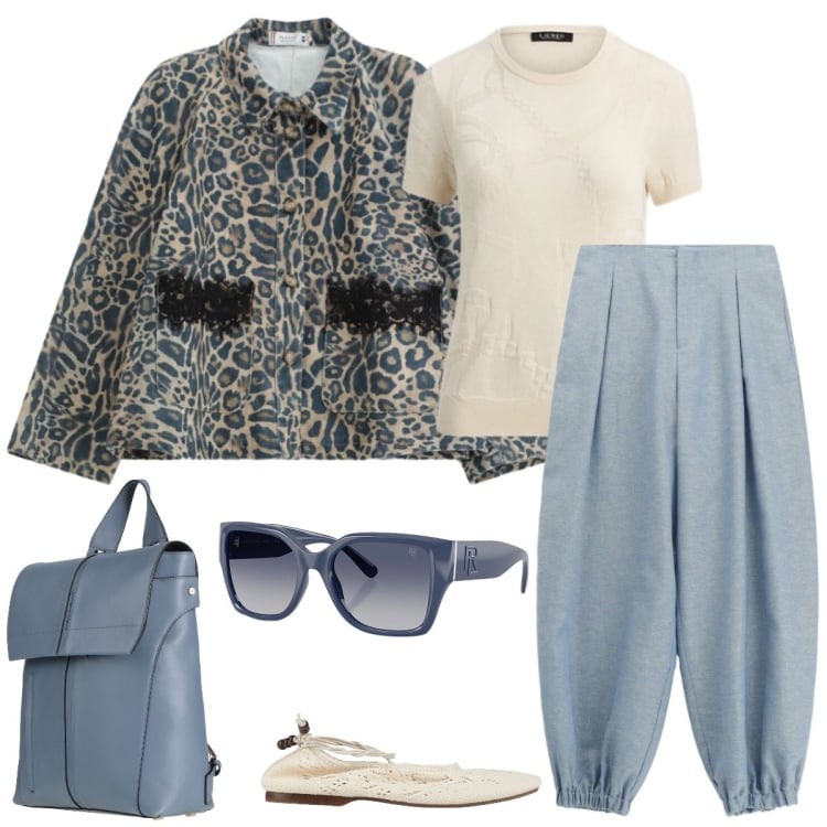 Outfit donna - Tempo libero. Stile Trendy per Tutti i giorni. Abbinamento con zaini, ballerine, blazer, pantaloni, occhiali da sole, t-shirt.
