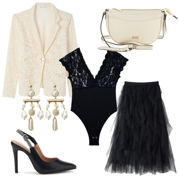 Outfit donna - Pizzo e tulle. Stile Sexy per Cerimonia. Abbinamento con blazer, top, gonne lunghe, orecchini, décolleté, borse a tracolla.