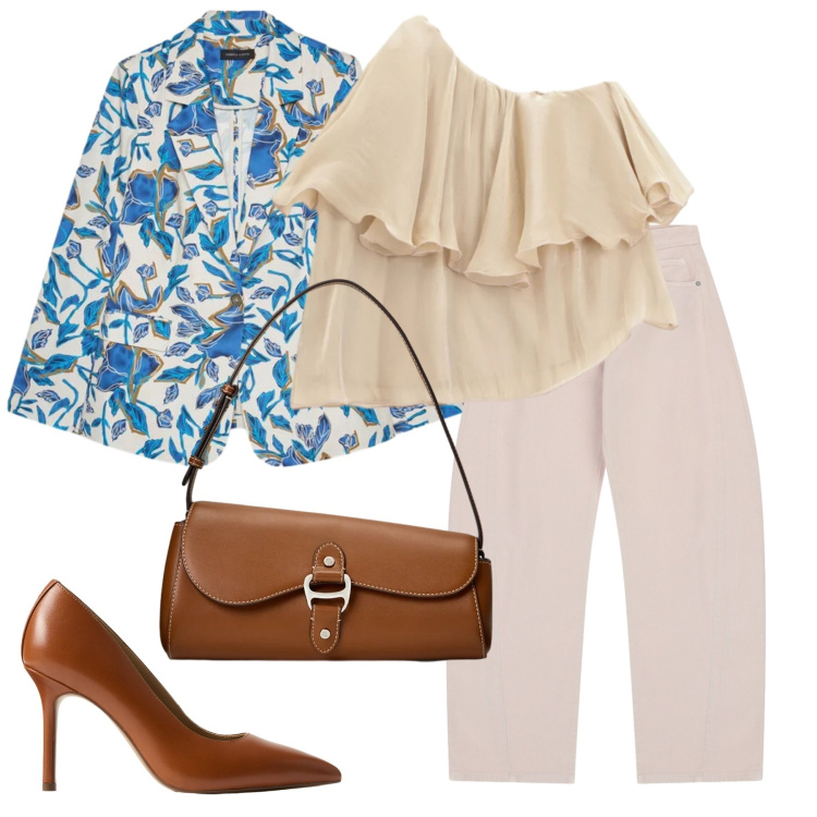 Outfit donna - La stagione delle cerimonia. Stile Chic per Cerimonia. Abbinamento con pantaloni a palazzo, top, blazer, décolleté, borse a spalla.