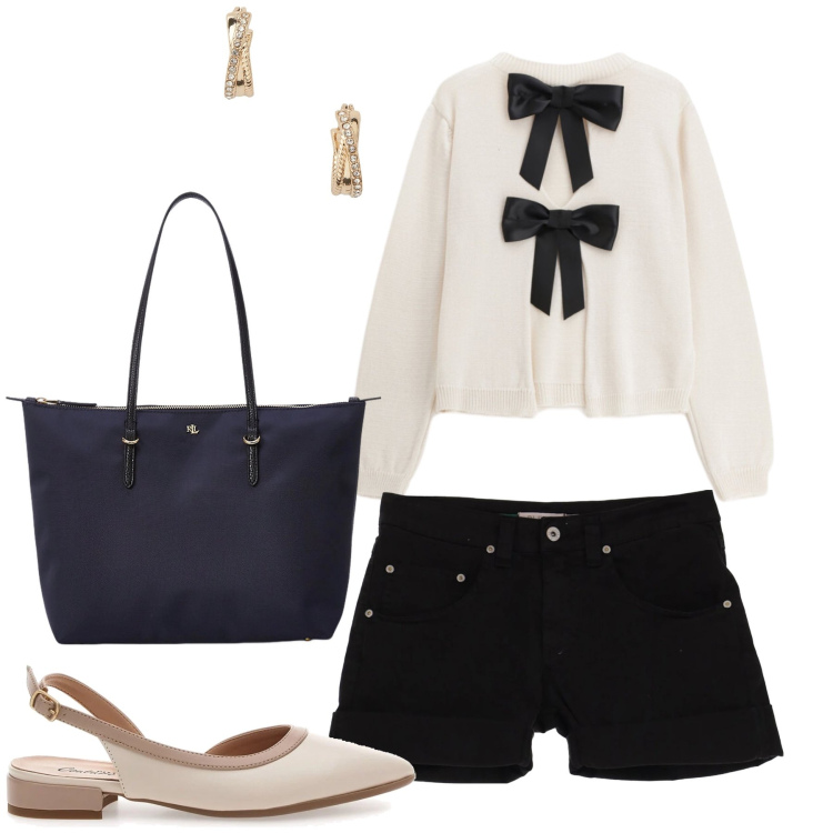 Outfit donna - Chic Casual dal Tocco Bon-Ton. Stile Bon Ton per Ufficio. Abbinamento con maglieria, shorts, orecchini, borse tote, ballerine.