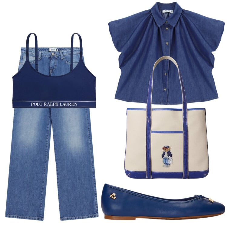Outfit donna - Total look #2394686. Stile Trendy per Tutti i giorni. Abbinamento con jeans dritti, camicie a manica corta, ballerine, borse tote, reggiseni.