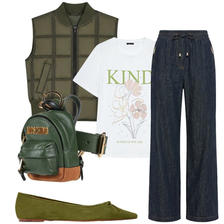 Outfit donna - Total look #2394689. Stile Casual per Tutti i giorni. Abbinamento con marsupi, pantaloni, t-shirt, piumini, ballerine.