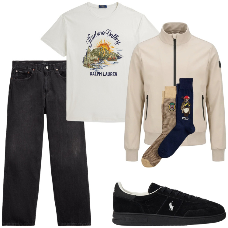 Outfit uomo - Total look #2394693. Stile Urban per Tutti i giorni. Abbinamento con bomber, jeans, t-shirt, calzini, sneakers.