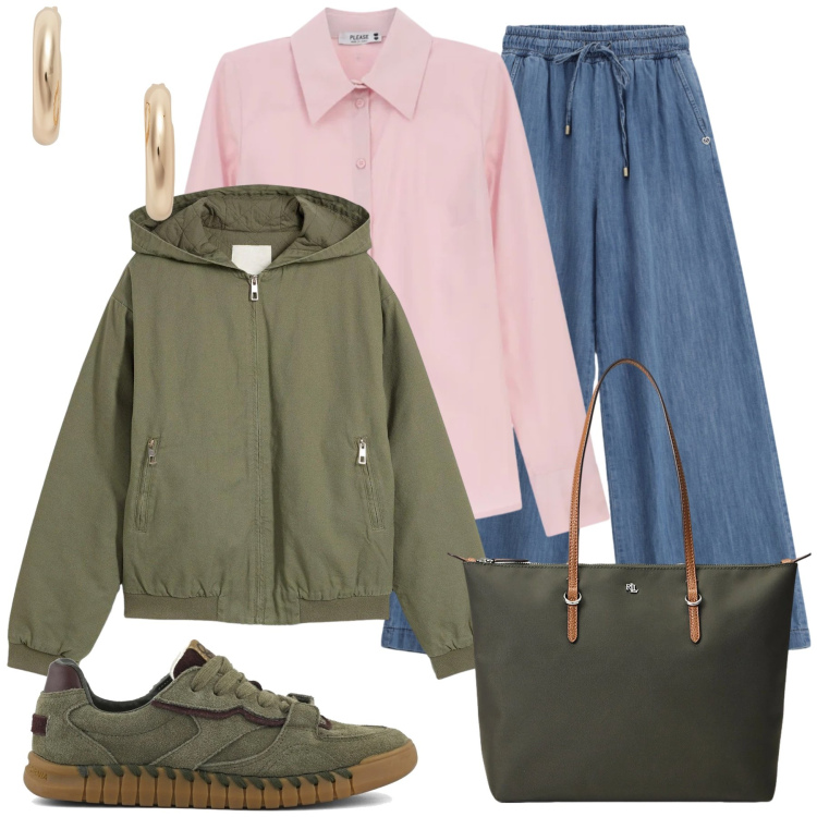 Outfit donna - Casual Chic Militare. Stile Casual chic per Tutti i giorni. Abbinamento con blazer, jeans, camicie, borse tote, orecchini, sneakers.