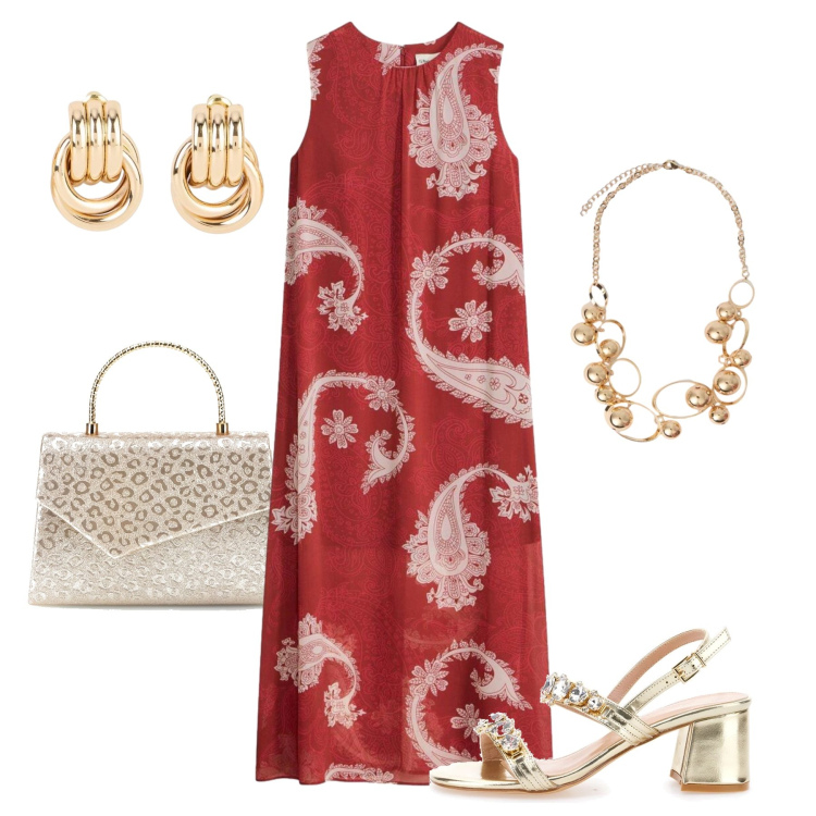 Outfit donna - L’abito in chiffon paisley. Stile Chic per Serata fuori. Abbinamento con vestiti lunghi, orecchini, collane, sandali gioiello, pochette.