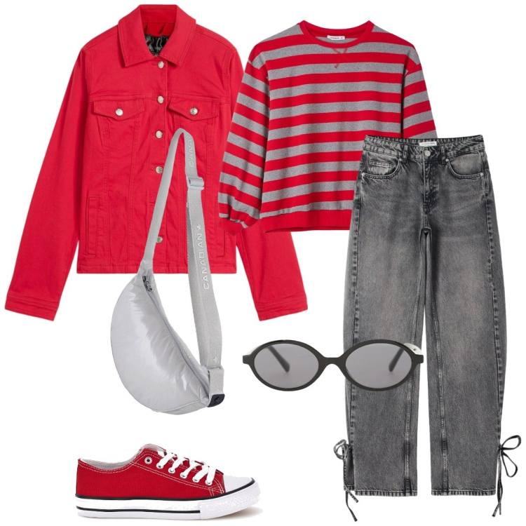 Outfit donna - Urban jeans. Stile Urban per Scuola/Università. Abbinamento con blazer, t-shirt, jeans, occhiali da sole, borse a tracolla, sneakers.
