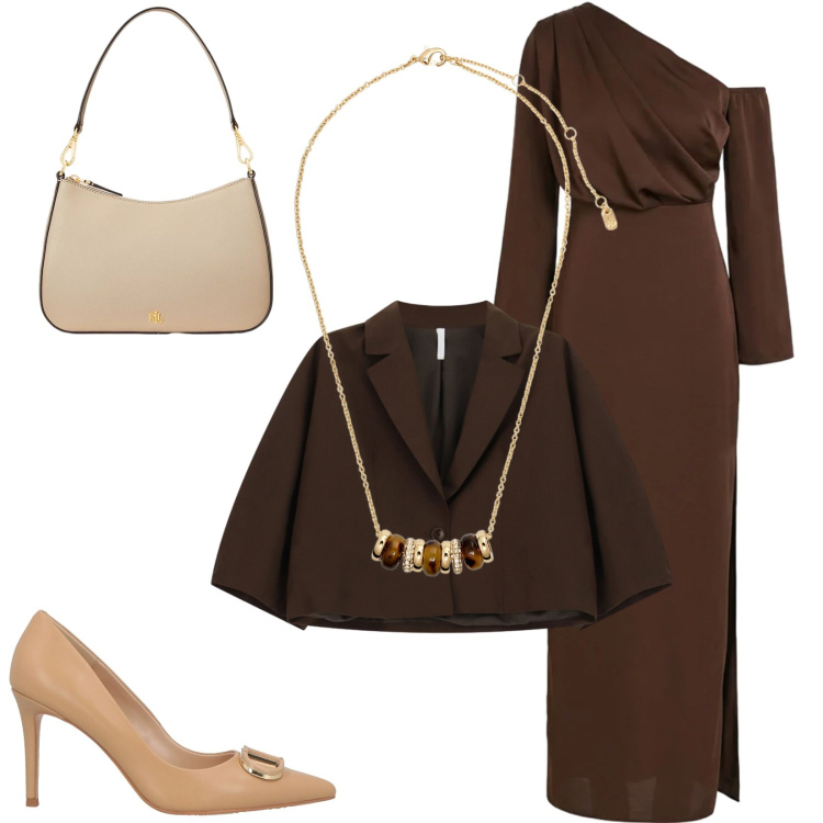 Outfit donna - Total look #2394698. Stile Chic per Cerimonia. Abbinamento con décolleté, blazer, vestiti lunghi, borse a spalla, collane.