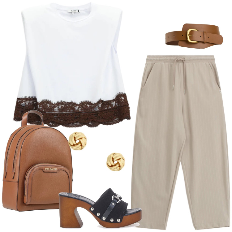 Outfit donna - Casual Chic dai Toni Naturali. Stile Casual chic per Tutti i giorni. Abbinamento con zaini, cinture, top, pantaloni, orecchini, zoccoli.
