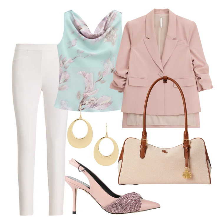 Outfit donna - Chic. Stile Chic per Serata fuori. Abbinamento con décolleté, blazer, top, pantaloni, borse a mano, orecchini.