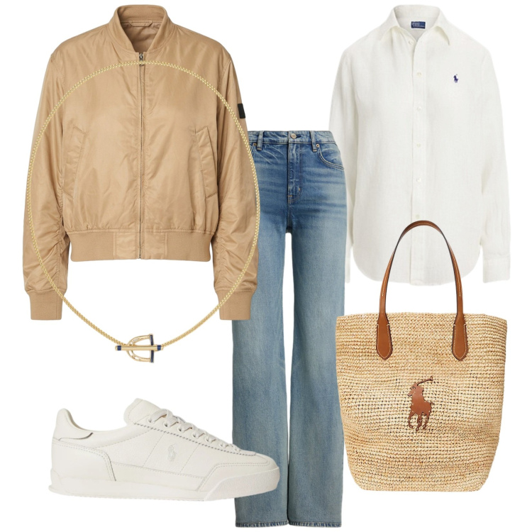 Outfit donna - Total look #2394701. Stile Trendy per Tutti i giorni. Abbinamento con bomber, borse tote, jeans, ciondoli, sneakers, camicie.