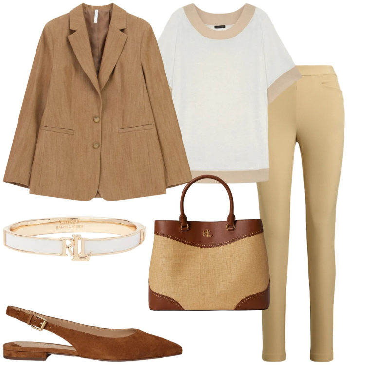 Outfit donna - Total look #2394705. Stile Casual chic per Ufficio. Abbinamento con blazer, t-shirt, braccialetti, ballerine, borse a mano, pantaloni.
