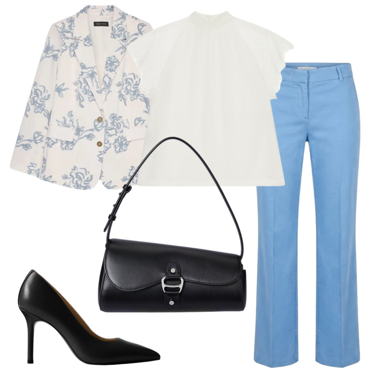 Outfit donna - Fiori sulla giacca. Stile Chic per Cerimonia. Abbinamento con pantaloni, top, blazer, borse a spalla, décolleté.