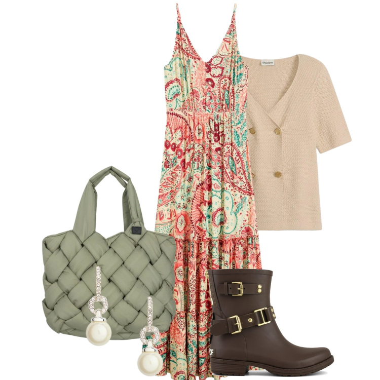 Outfit donna - Total look #2394708. per Tutti i giorni. Abbinamento con cardigans, vestiti, borse tote, orecchini, stivali.