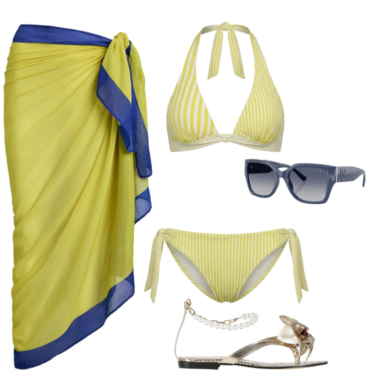 Outfit donna - Total look #2394709. Stile Sporty chic per Mare. Abbinamento con ciabatte, bikini, occhiali da sole, vestiti da spiaggia.