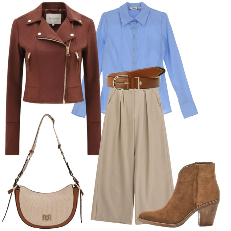 Outfit donna - Pomeriggio in centro. Stile Casual chic per Tutti i giorni. Abbinamento con camicie, pantaloni a palazzo, cinture, giacche, borse a tracolla, stivaletti.
