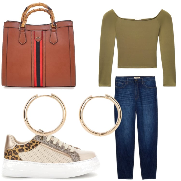 Outfit donna - Lezione all\'universita\'. Stile Basic per Tutti i giorni. Abbinamento con jeans mom, orecchini, t-shirt, borse a tracolla, sneakers.
