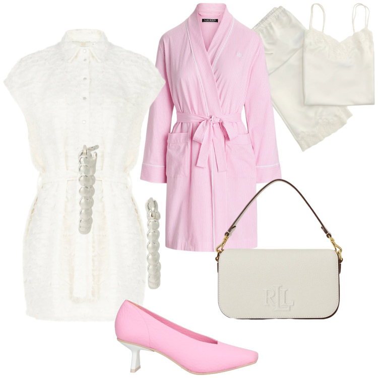 Outfit donna - Da casa all\'ufficio. Stile Casual chic per Ufficio. Abbinamento con décolleté, vestiti chemisier, orecchini, vestaglie, borse a spalla, pigiama.
