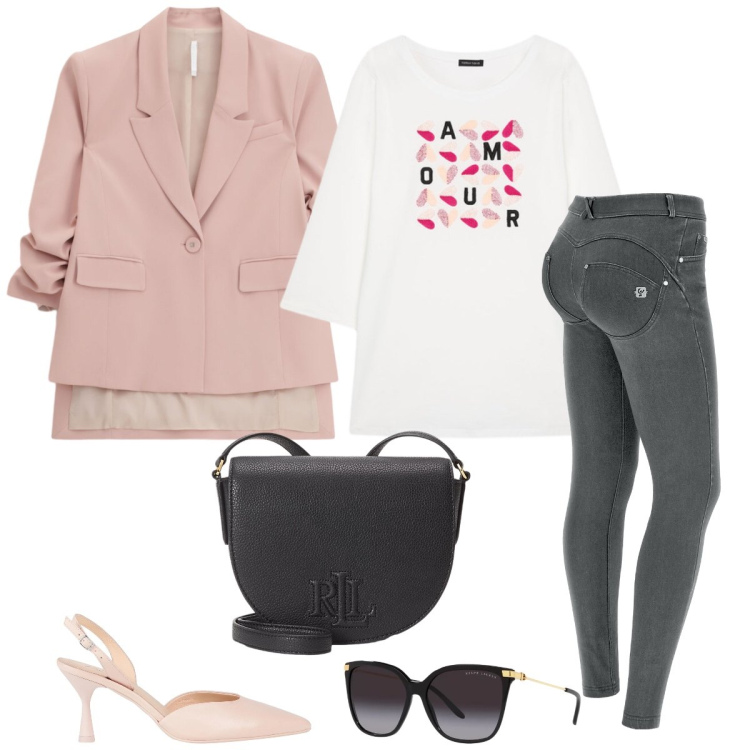 Outfit donna - Il jeans skinny. Stile Sexy per Tutti i giorni. Abbinamento con décolleté, blazer, t-shirt, jeans skinny, occhiali da sole, borse a tracolla.