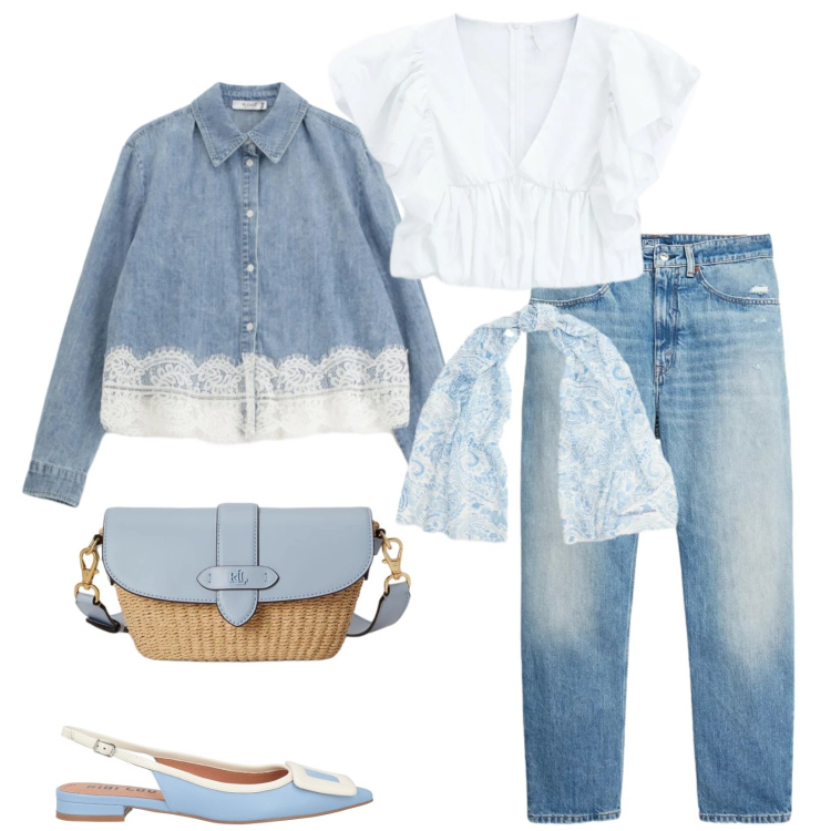 Outfit donna - Total look #2394717. Stile Casual chic per Tutti i giorni. Abbinamento con ballerine, camicie, top, borse a spalla, jeans, foulard.
