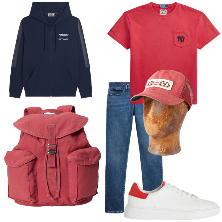 Outfit uomo - In cammino. Stile Casual per Tutti i giorni. Abbinamento con sneakers, felpe con cappuccio, jeans, borse sportive, cappelli, t-shirt.