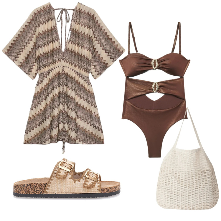 Outfit donna - Total look #2394719. Stile Bon Ton per Mare. Abbinamento con costumi interi, shopping bag, caftani, ciabatte.