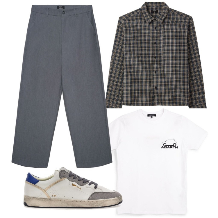 Outfit uomo - 42. Un po\' scozzese. Stile Trendy per Tutti i giorni. Abbinamento con pantaloni, camicie, sneakers, t-shirt.