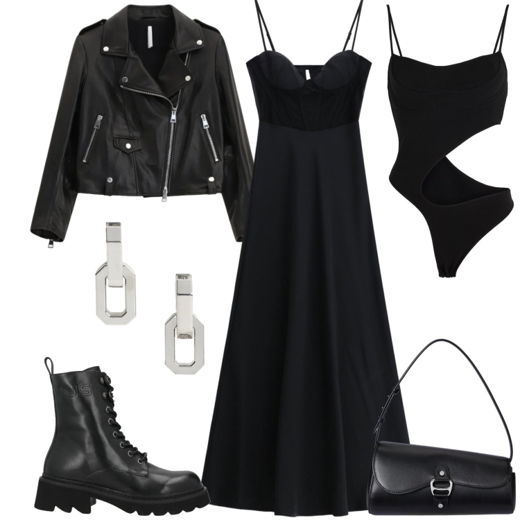 Outfit donna - Total look #2394721. Stile Urban per Serata fuori. Abbinamento con body, stivaletti, giacche, vestiti lunghi, borse a spalla, orecchini.