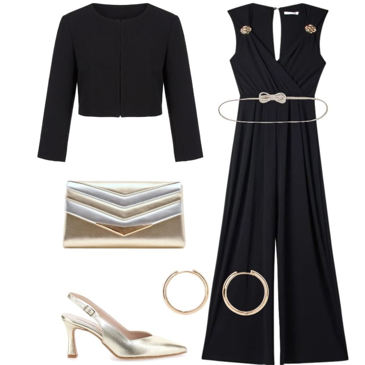 Outfit donna - Serata fuori. Stile Chic per Serata fuori. Abbinamento con orecchini, tute, cinture, bolero, pochette, décolleté.