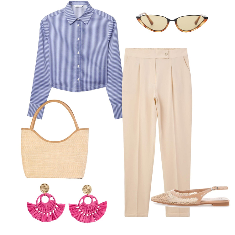 Outfit donna - Ufficio-Università mood. Stile Casual chic per Ufficio. Abbinamento con orecchini, shopping bag, pantaloni chino, camicie, occhiali da sole, ballerine.