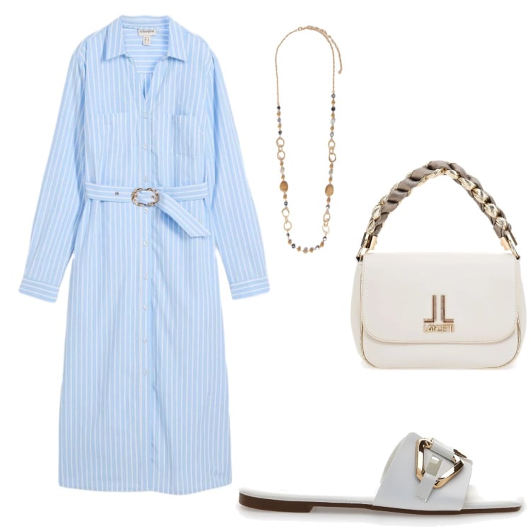 Outfit donna - Total look #2394729. Stile Minimal per Tutti i giorni. Abbinamento con vestiti chemisier, collane, ciabatte, borse a tracolla.