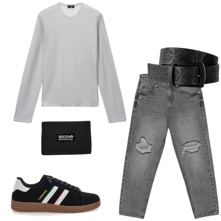 Outfit uomo - Total look #2394730. Stile Casual per Tutti i giorni. Abbinamento con cinture, jeans strappati, maglieria, sneakers, portafogli.