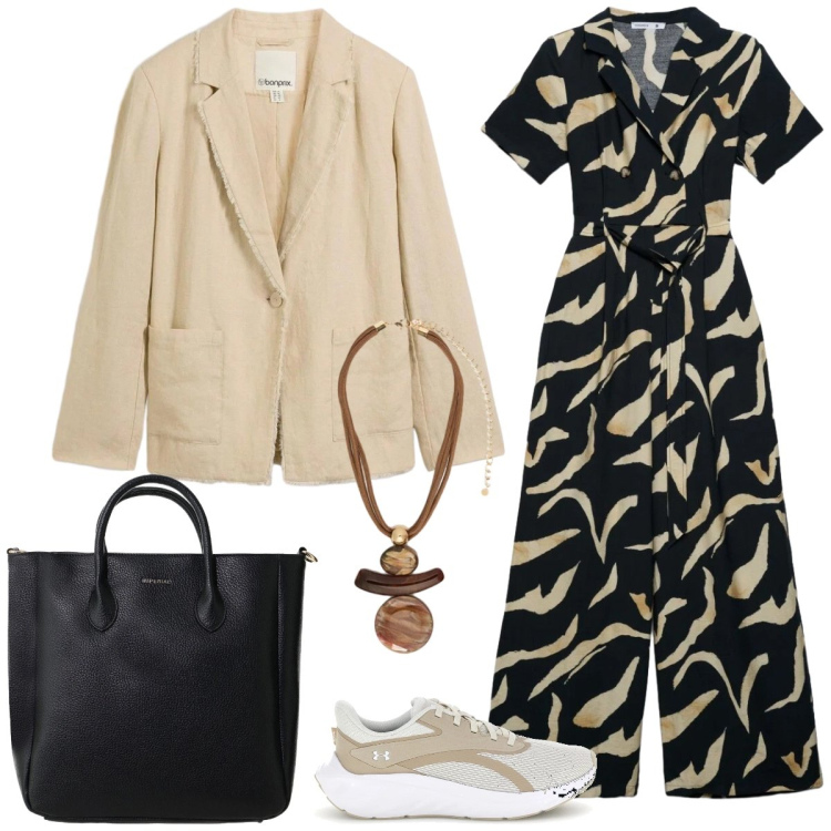 Outfit donna - In città. Stile Sporty chic per Tutti i giorni. Abbinamento con blazer, tute, borse a tracolla, ciondoli, sneakers.