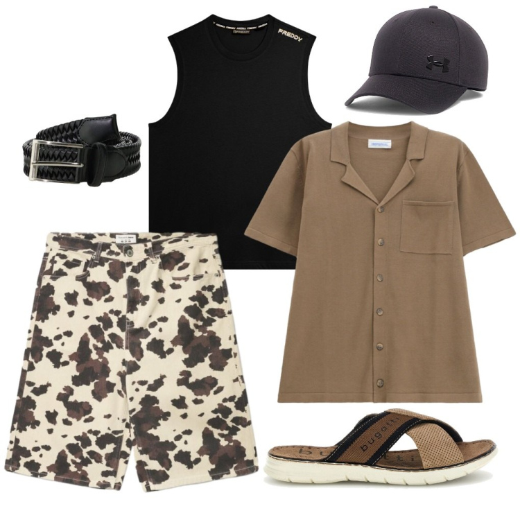 Outfit uomo - 43. Le ciabatte del papà.. Stile Trendy per Tutti i giorni. Abbinamento con bermuda, camicie a manica corta, cinture, canottiere, sandali, cappelli con visiera.