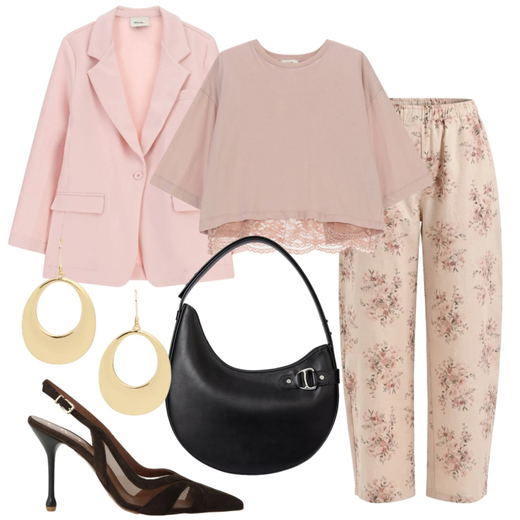 Outfit donna - Peach Blush. Stile Chic per Cerimonia. Abbinamento con pantaloni, top, blazer, décolleté, borse a spalla, orecchini.